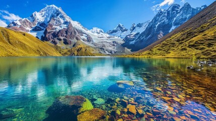 Fototapeta premium Crystal-clear lake surrounded by snow-capped mountains, creating a stunning natural scene