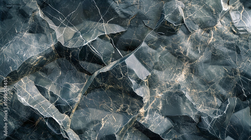 Poster a close-up of a dark grey stone with a intricate network of white and gold veins, creating a natural