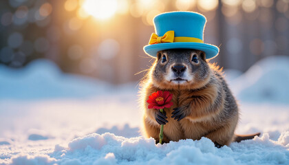 Groundhog holding flower with bright hat on snowy day