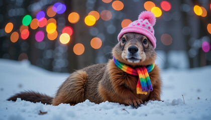 Groundhog in pink hat and rainbow scarf with festive lights