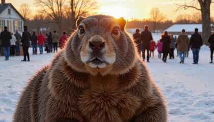 Groundhog in snowy field during Groundhog Day event
