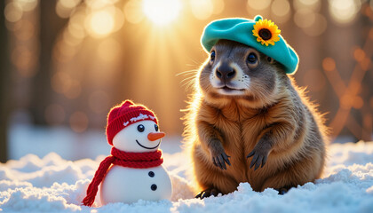Groundhog with snowman in winter Groundhog Day celebration