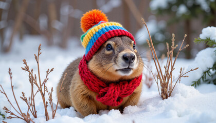 Groundhog wearing colorful hat and scarf in snowy landscape