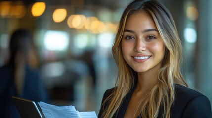 Fototapeta premium A smiling woman holding documents in a professional setting.