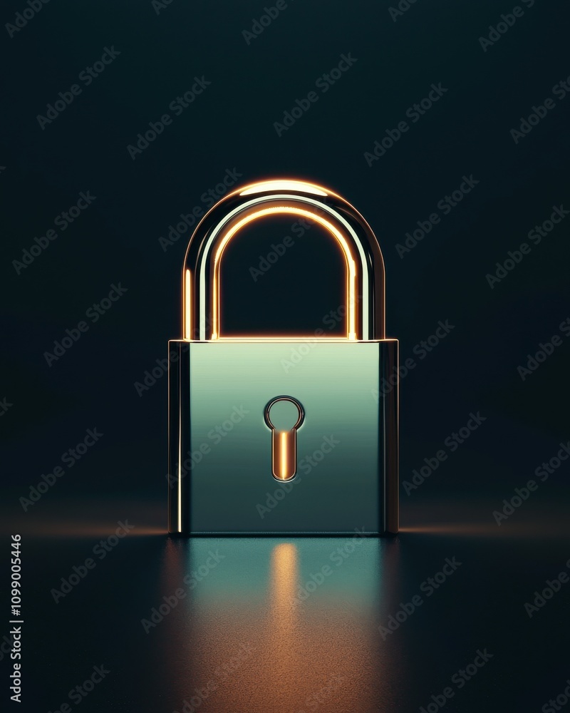 Poster a shiny padlock stands on a sleek surface, illuminated with warm light, symbolizing security and pro