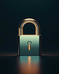 Fototapeta premium A shiny padlock stands on a sleek surface, illuminated with warm light, symbolizing security and protection in a minimalist setting.