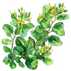 Watercolor Yellow Hypericum Isolated on White Background. Beautiful Hypericum Flower