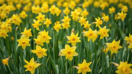 Obraz premium Field of bright yellow daffodil flowers swaying gently in the breeze, botanical garden, springtime landscape, golden blooms