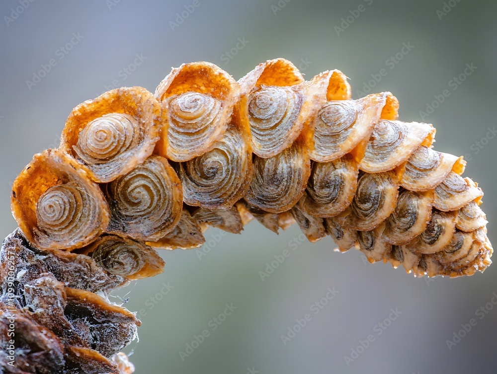 Poster close-up of a curved, spiraling pine cone with intricate details and muted orange-brown tones.