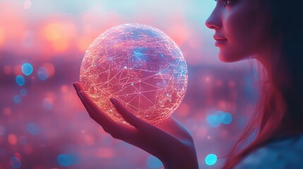 Naklejka premium Close up of female hand holding abstract glowing polygonal globe on blurry background. Network, communication and global innoovation concept