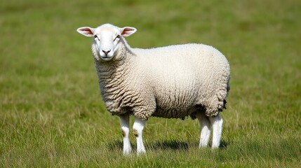 Fototapeta premium Majestic White Sheep in Lush Green Pasture: A Serene Farm Animal Portrait