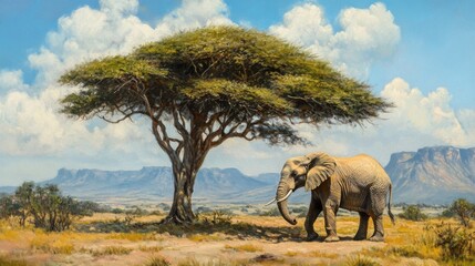Fototapeta premium Majestic Elephant Walking Beneath Acacia Tree in Lush Landscape