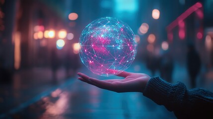 Fototapeta premium Close up of female hand holding abstract glowing polygonal globe on blurry background. Network, communication and global innoovation concept