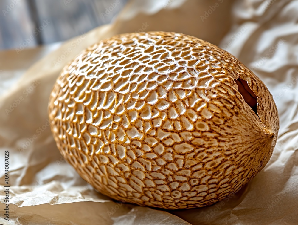 Poster close-up of a textured, oval-shaped object resembling a cantaloupe, resting on crumpled brown paper.
