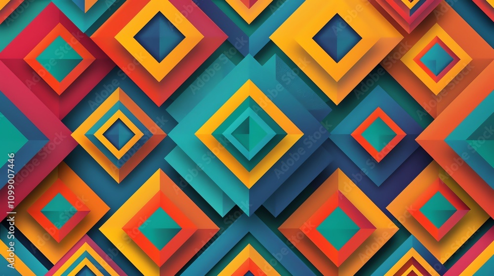 Poster a vibrant, geometric pattern of overlapping squares in a variety of colors, creating a dynamic and v