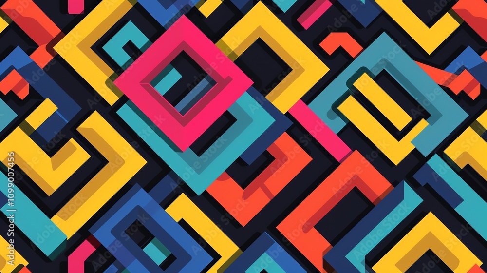 Poster an abstract geometric pattern featuring a colorful array of squares and rectangles with a 3d effect,