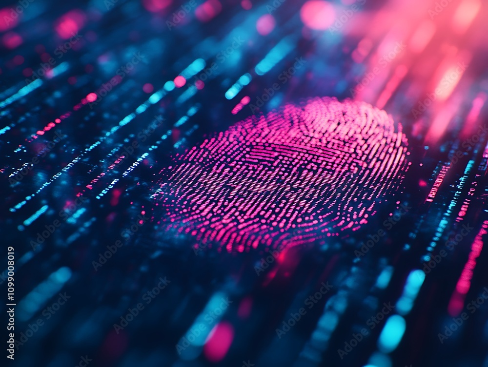 Poster Abstract digital fingerprint glowing in pink and blue, representing data security and identity.