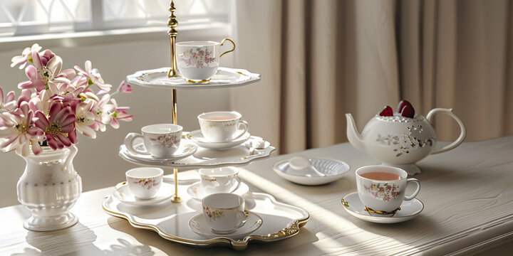 English High Tea Desk: Refined desk with a three-tiered tea tray and delicate china teacups, capturing the quintessential British high tea experience.
