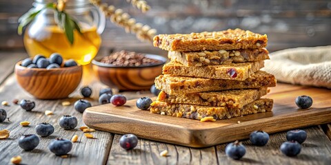 Fototapeta premium Delicious Homemade Granola Bars with Blueberries and Nuts on Rustic Wooden Table