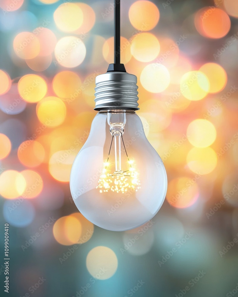 Poster a glowing light bulb hangs against a colorful bokeh background, creating a warm and inviting atmosph
