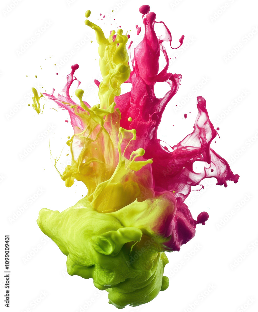 Poster vibrant splash of fuchsia and lime green paint in dynamic motion