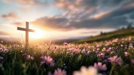 Christian cross on beautiful spring field with flowers at sunrise. Resurrection of Jesus, crucifixion. Easter morning, Good Friday. Peace and hope. Religion and christianity concept