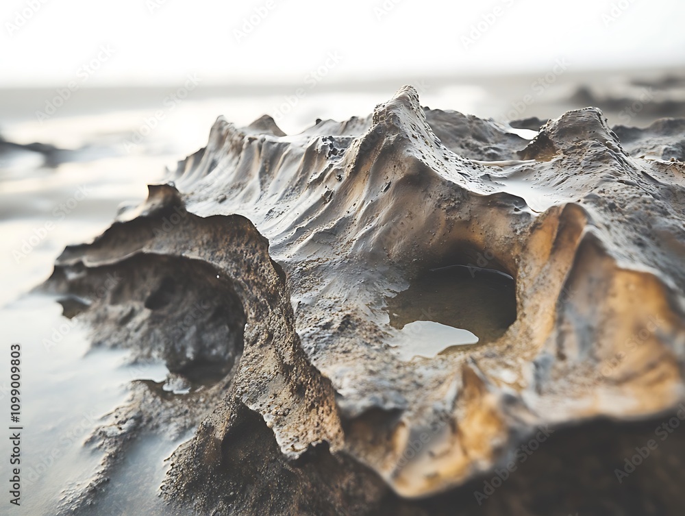 Poster close-up of textured rock formation on beach, showing erosion patterns and a small pool of water.