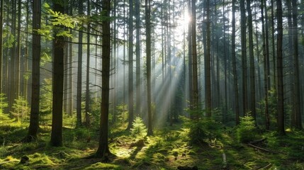 Fototapeta premium Dense forest with sunlight filtering through the trees, creating a serene and peaceful atmosphere