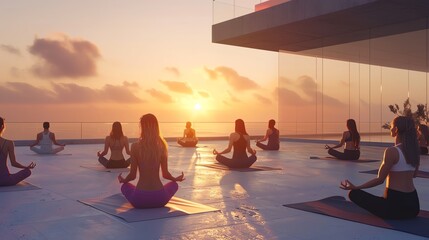 A group of people practice yoga on a rooftop with a beautiful sunset over the ocean in the background.
