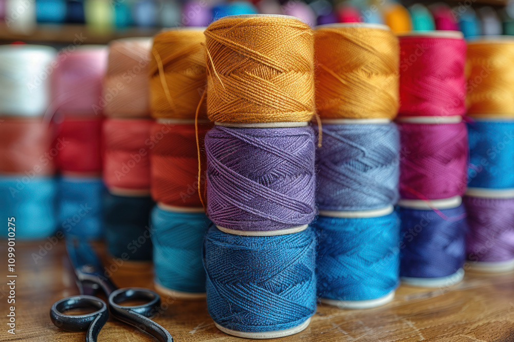 Poster many spools of thread neatly folded in several rows on a wooden surface.
