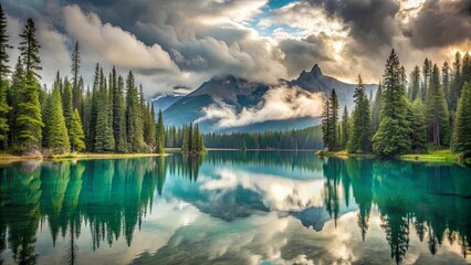 Serene mountain lake reflecting a majestic peak shrouded in clouds, surrounded by lush evergreen forests