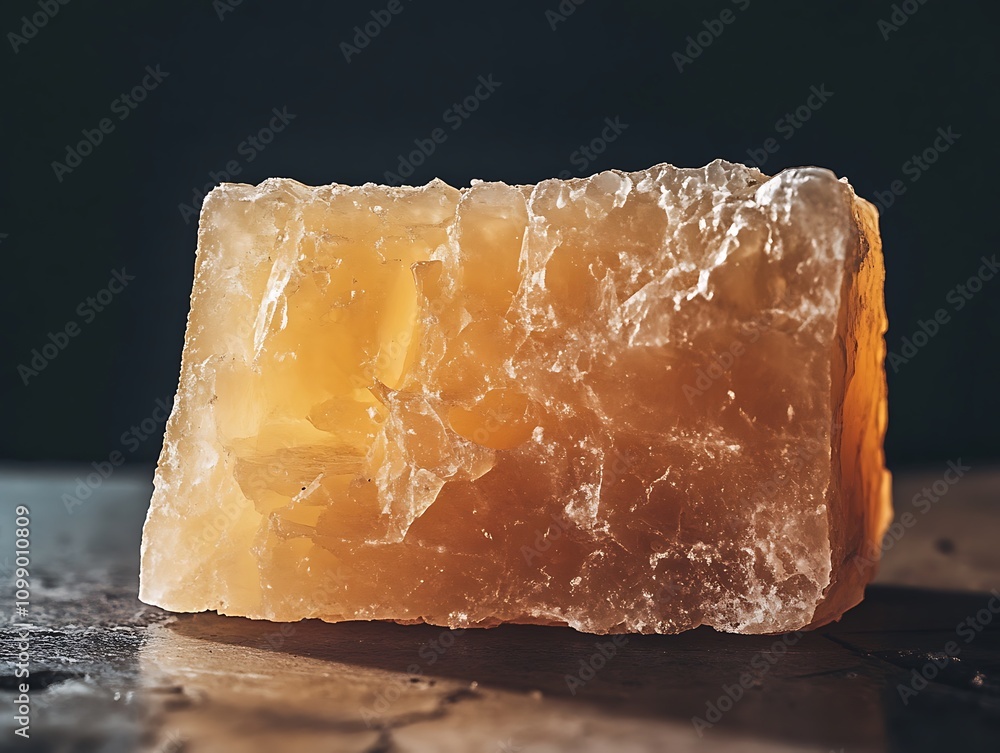 Poster Close-up of a translucent, amber-colored, rough-textured block.