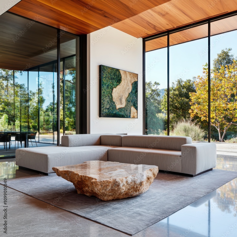 Poster showcasing contemporary home design with a floating frame and neutral sofa in a natural light settin