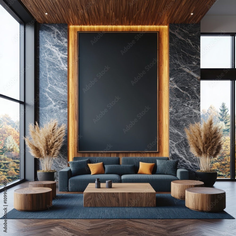 Poster creating a stylish living space interior design render featuring a textured sofa wooden lamp and nat