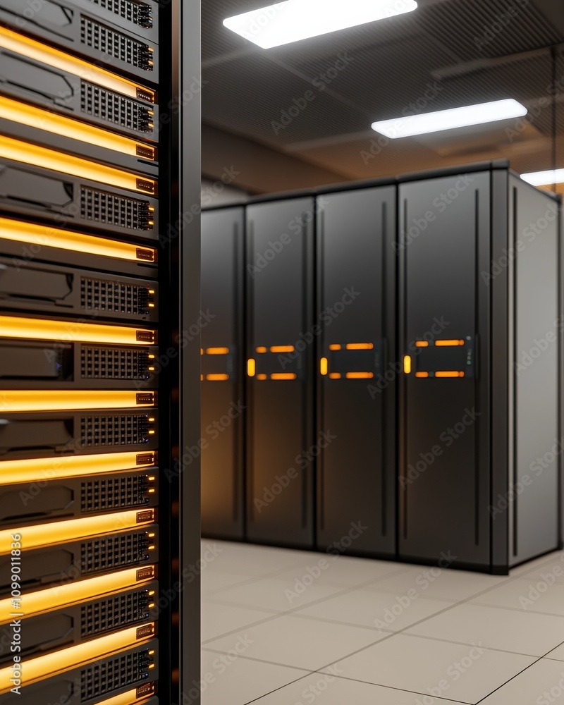 Poster a modern data center featuring rows of sleek server racks with glowing orange lights, emphasizing te