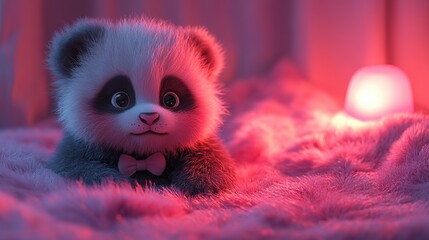 Fototapeta premium A cute panda plush toy sits on a soft blanket, illuminated by a warm, colorful glow.