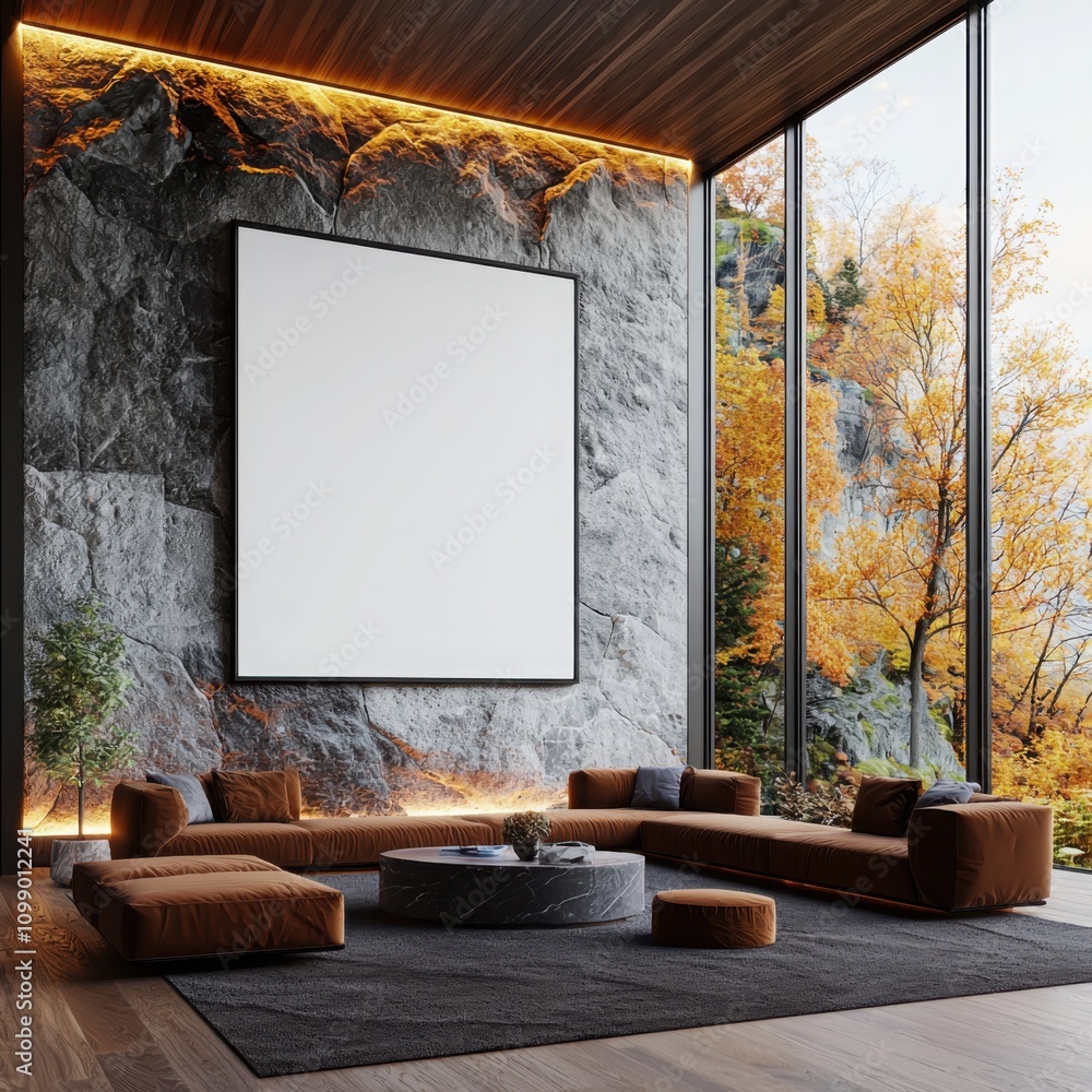 Poster creating a tranquil minimal home design with natural stone furniture and modern lighting in a botani
