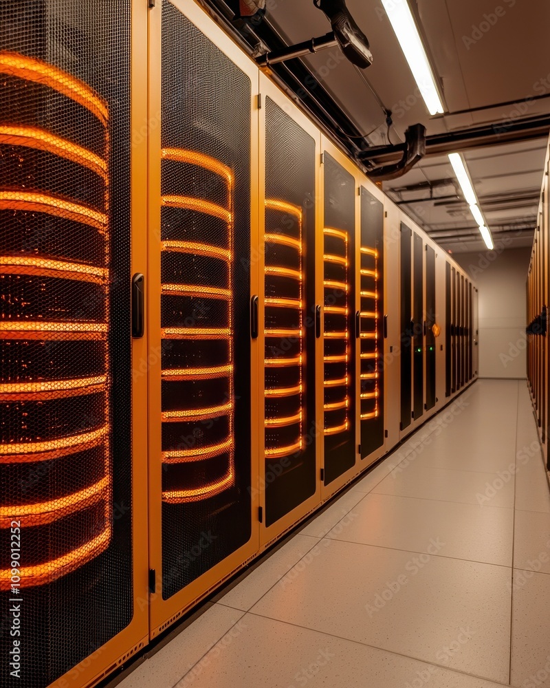 Poster a modern data center aisle featuring illuminated server racks with orange lighting, showcasing advan