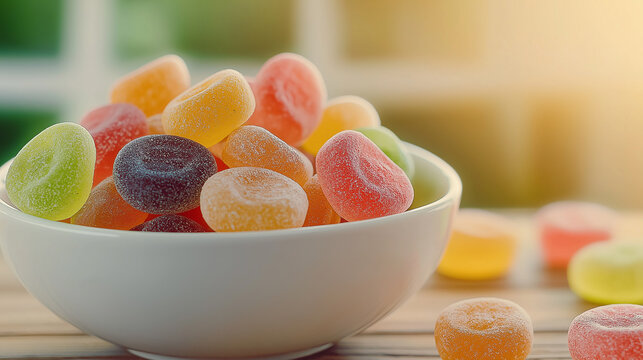 Colorful jube candies filling a white bowl on a wooden table