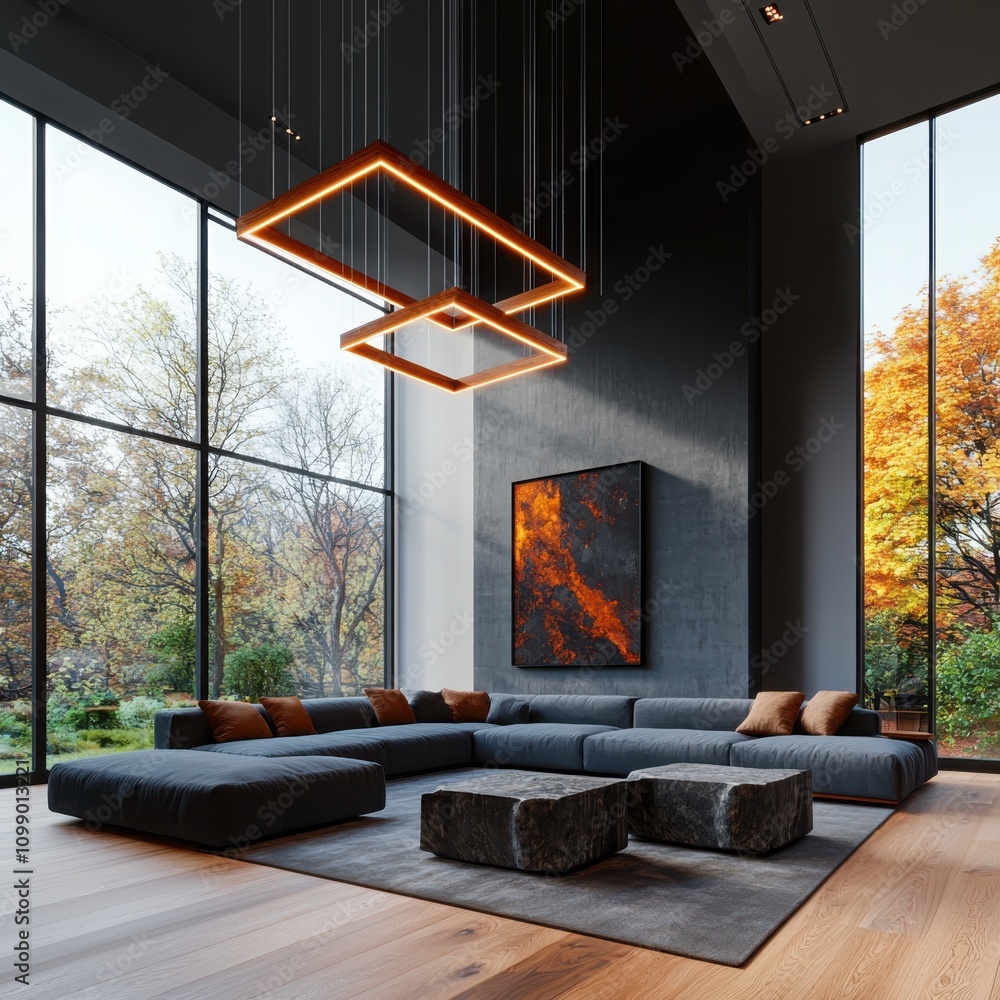 Aufkleber creating a modern living space showcasing designer lighting and grey upholstery in a stone block tab