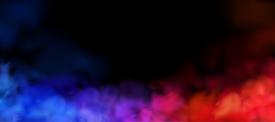 Fototapeta premium Vector realistic neon smoke. Red and blue steam background. Sport poster concept, confrontation versus competitors. Overlay transparent textured effect, fight competition fog