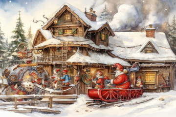 winter scene with a wooden house covered with snow, which is the residence of Santa Claus. Santa and his elves are busy preparing for Christmas: 