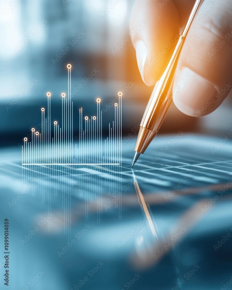 Poster a hand holding a pen hovers over a digital interface with upward-trending data visualizations, symbo