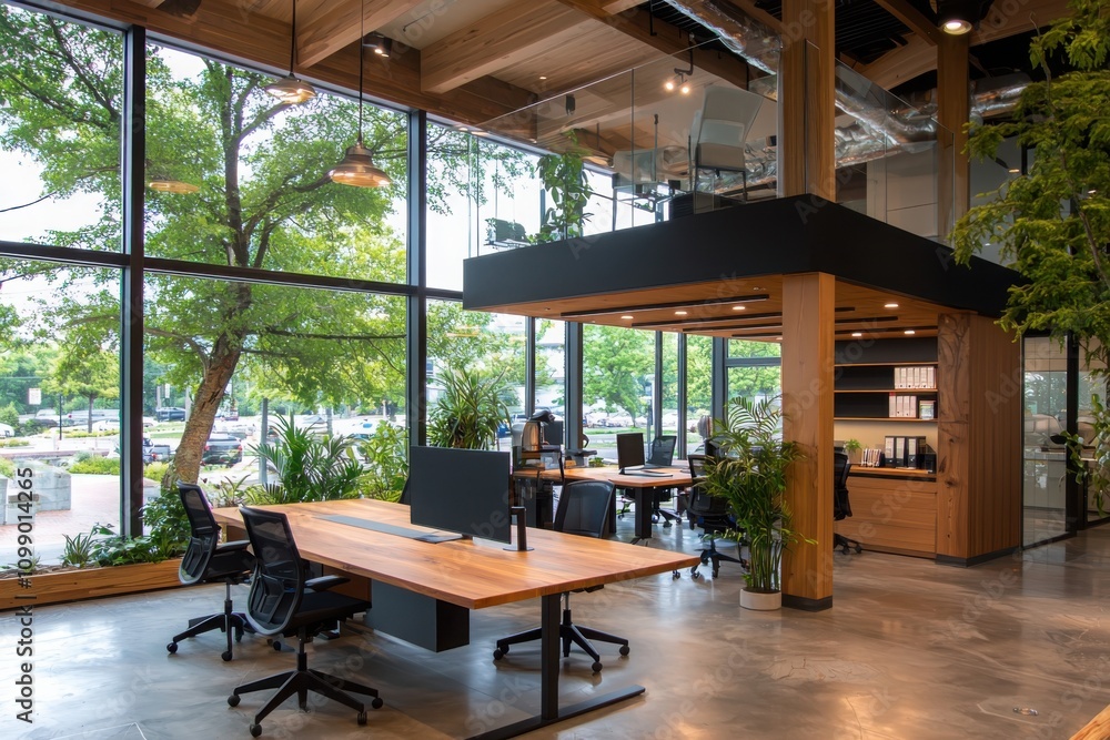Poster enhancing productivity with organic material interiors in a modern workspace a focus on clean lines 