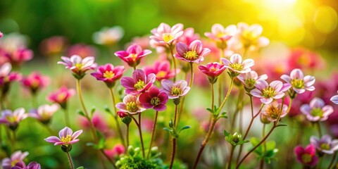 Obraz premium Close-Up of Saxifraga Urbium (London Pride) in Garden with Tilt-Shift Photography, Blurred Background, Vibrant Green Foliage, and Beautiful Flower Details
