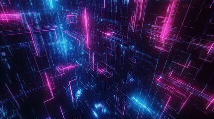 Obraz premium Abstract background with dynamic fractal waves and glowing grid patterns, blending digital textures and energy lines in a futuristic design, perfect for technology and cyberspace concepts