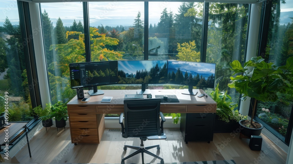Poster setting up a remote workstation with multiple floating screens for digital nomads in a nature-inspir