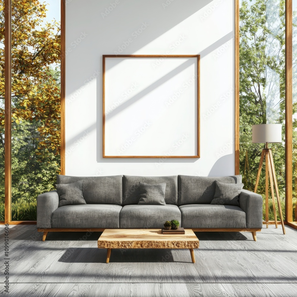 Poster creating a cozy scandinavian interior render simple frame mockup of a linen sofa wooden tripod lamp 