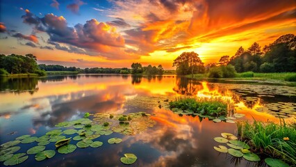 Fototapeta premium Vibrant orange sunset over a serene lake with lush greenery and water lilies, sky, orange sunset, landscape