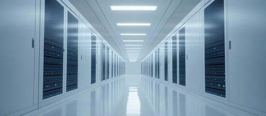 Obraz premium A modern data center with rows of servers in a sleek, illuminated corridor.